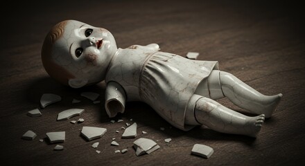 Poster - Damaged Ceramic Doll with Cracked and Missing Limbs Isolated on White Screen Background