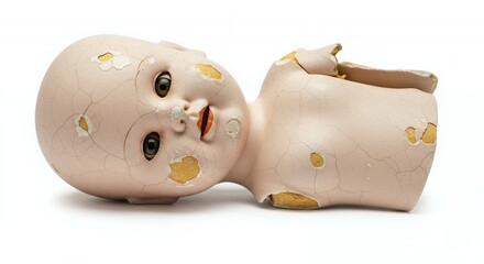 Poster - Fragmented Vintage Porcelain Doll Head Exhibiting Broken Features Isolated On White Screen Background Featuring Damage Reuse Recycle Detail Realistic Texture And Surface Clinical