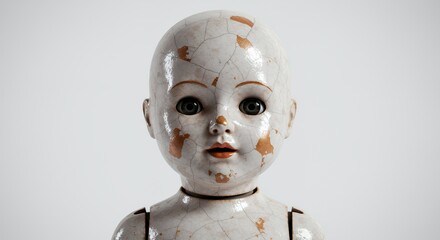 Poster - Fragmented Vintage Porcelain Doll Head Exhibiting Broken Features Isolated on White Screen Backdrop for Ads Promotion and Blank Canvas Concepts