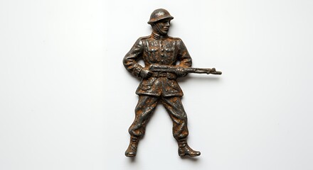 Poster - Rusty Metal Toy Soldier Damage Isolated on White Screen Background with Detailed Texture Broken Worn Miniature Object Military Figure in Studio Setting Ideal for Mockups Promotion and Ads