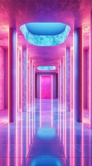 Poster - Neon-lit corridor with vibrant pink and blue hues.