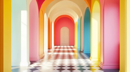 Poster - vibrant rainbow archway corridor interior design pastel colors modern architecture stylish home deco