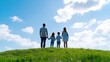 © Kaminashi Nozomi - A family of four standing on a grassy hilltop, looking out over a bright blue sky with fluffy white clouds, and serene and peaceful outdoor scene.