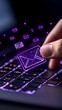 © sonswirl - A finger interacts with glowing email icons above a backlit keyboard, symbolizing digital communication and inbox management