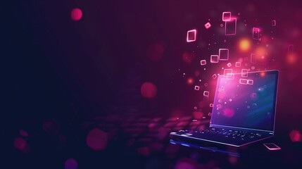 Poster - Futuristic digital interface with glowing neon icons and devices. Technology background for innovation and design. Abstract image of electronic device with holographic of application. Network. AIG51.