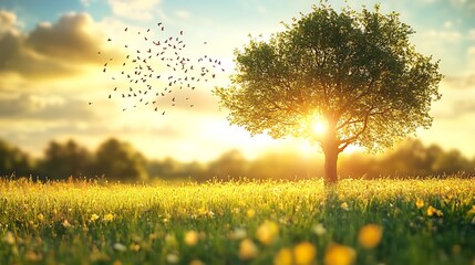 golden field tree and birds fly