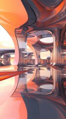 Poster - Abstract interior design, showcasing futuristic arches and reflections.