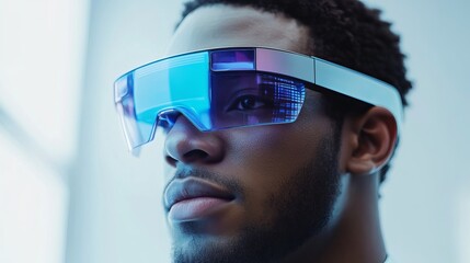 Poster - Modern Man Wearing Futuristic Blue Smart Glasses Technology Innovation Digital Device Gadget Future Vision Augmented Reality Glasses Head Mounted Display High Tech Stylish Advanced