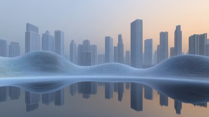 Poster - Misty city skyline reflected in tranquil water.
