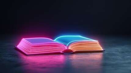 Poster - Neon Open Book Glowing in Dark Background for Creative and Artistic Impressions