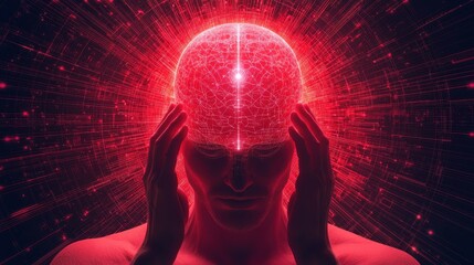 Poster - Abstract Human Brain Concept with Energy Waves and Digital Elements in Red and Black Background