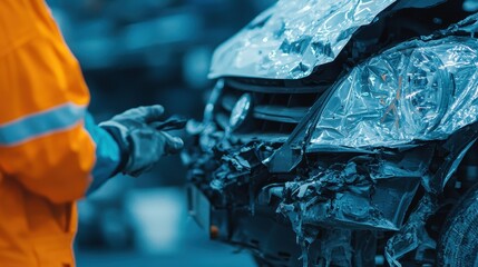 Poster - Worker Inspects Damaged Car in Auto Repair Facility with Focus on Dented Vehicle Front End and Tools