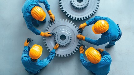 Poster - Skilled workers assemble large gears in a manufacturing facility, showcasing teamwork and engineering expertise