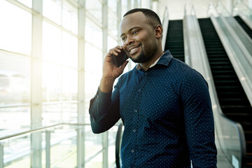 Poster - phone call, airport and business man in lobby for commute, travel and arrival for conference. profes