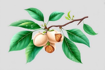 juicy almonds on branch with fresh harvest, and nature illustration.