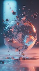 Poster - Shattered glass sphere in vibrant, dynamic light display.
