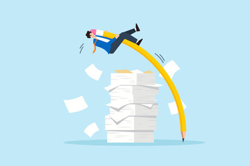 Poster - Flat illustration of businessman using giant pencil like pole vault to jump over paperwork symbolizing overload strategy and creative problem solving