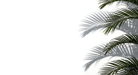 Poster - Tropical palm leaves with shadows cast on a white wall, creating a minimalist aesthetic, perfect for backgrounds and design elements in summer.