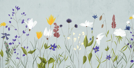 Wall Mural - botanical floral art background with hand drawn wild flowers. vector plant banner for decor, print, 