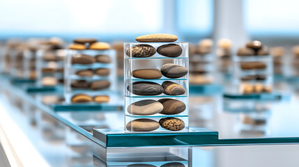 Poster - Artistic display of unique stone collection modern exhibition space photography contemporary close-up nature's beauty