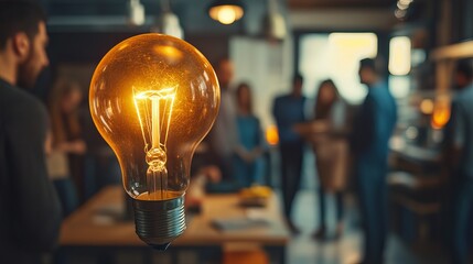 Poster - Bright Illuminated Light Bulb Idea Concept Teamwork Business Success Innovation Startup Creative Thinking Solution Problem Solving Strategy Planning Vision Modern Office           