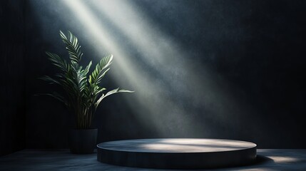 Poster - Dark Moody Minimalist Product Display Platform with Elegant Green Plant Dramatic Lighting Studio Background Modern Showcase Presentation Scene Tropical Foliage Life Image Photo    