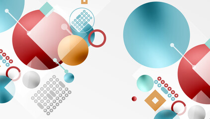 Aufkleber - Abstract geometric shapes, circles, squares, dots. Light colors dominate composition, creating modern design. Minimalist aesthetic.