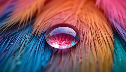 Aufkleber - Water Droplet On Vibrant Feathers, A Glistening Sphere Shows Reflection. Intricate Details. Beauty In Nature. Abstract Close-up, Stunning Macro Photograph. Feathers And Water Create Visual Interest.