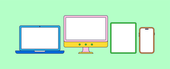 Aufkleber - Digital devices from a laptop, desktop monitor, tablet, and smartphone side by side cartoon vector illustration hand drawn for  technology diversity, digital access, and responsive