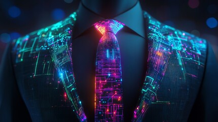 Poster - Digital Suit and Tie Neon Circuitry Pattern Abstract Technology Business Professional Modern Futuristic Design Elegant Style Glowing Lines Bright Colors Vivid Hues art data code   