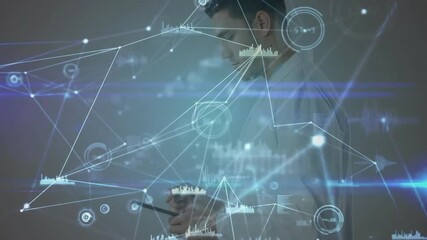 Poster - Technology analyst interacting with tablet, projecting holographic network nodes and chart overlays
