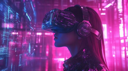 Poster - Cyberpunk Woman in VR Headset Futuristic Neon Cityscape Digital Art Virtual Reality Experience Immersive Technology Modern Style Pink Blue Lights High Tech Advanced Innovative     