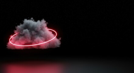 Poster - Enigmatic Cloud Formation Illuminated by Neon Ring in Dark Space: A Surreal Digital Art Piece