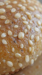 Poster - Close Up Of A Single Sesame Seed On A Bun, Details Revealed. Texture In High Definition. Perfect For Bakery Related Imagery, Food Photography, Ingredient Focus.