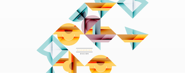 Poster - Abstract geometric shapes overlap, creating layered design. Colors include orange, blue, purple, beige. Minimalist background present.