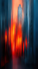 Poster - A painting of a cityscape with a building in the background. The painting is blurry and has a lot of red and blue colors