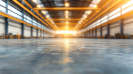 Poster - A large, empty warehouse with a bright yellow light shining down on the floor. The space is open and empty, with no people or objects visible. The bright light creates a sense of emptiness