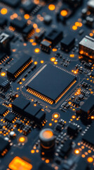 Poster - A close up of a computer chip with many lights on it. Concept of complexity and intricacy, as well as the importance of technology in our lives