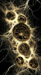 Poster - Golden gears interlocked with electrical energy.