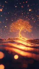Poster - A tree is lit up in the dark with a lot of sparkles. The tree is surrounded by water and the sky is dark. Scene is mysterious and magical