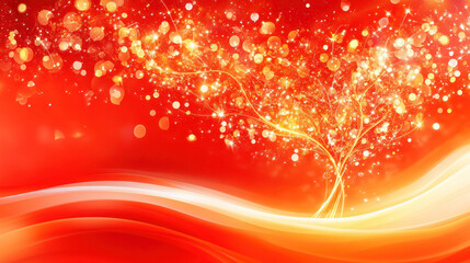 Poster - A red background with a tree in the middle. The tree is surrounded by a lot of sparkles and the background is also filled with sparkles. Scene is bright and cheerful