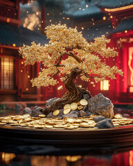Poster - A gold tree with a pile of gold coins on top of it. The tree is surrounded by a stone base and the coins are scattered around it. The scene gives off a sense of wealth and prosperity