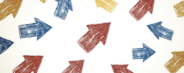 Poster - A bunch of arrows drawn in different colors and sizes. Concept of movement and direction, as if the arrows are pointing towards something. The use of different colors