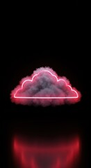 Poster - Neon Cloud Illumination: A Dark Artistic Composition of Pink Glowing Outline Encircling a Puffy Cloud Against a Black Background with Reflection