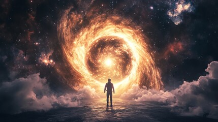 Wall Mural - Astronaut facing fiery cosmic spiral nebula in space dramatic scene sky art man fire dark stars night