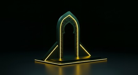 Poster - 3D rendering of a stylish Islamic architectural archway illuminated with neon lights, showcasing intricate geometric patterns, perfect for Ramadan and Eid celebrations.