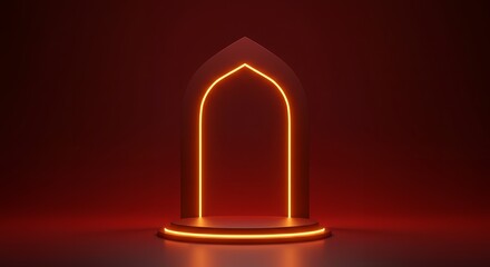 Poster - Abstract 3D Render of a Glowing Neon Arch and Stage on a Red Background, Perfect for Product Display, Advertising, and Conceptual Designs