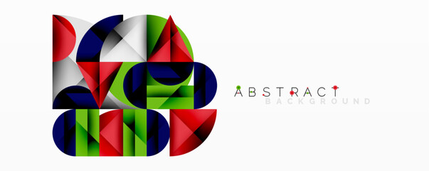 Leinwandbilder - Colorful geometric shapes overlap creating modern design. Bright red, green, blue, white elements form abstract composition.