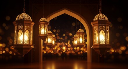 Poster - Beautiful golden lanterns hanging in an archway, illuminated with warm light, creating a festive atmosphere, perfect for Ramadan or Islamic celebrations