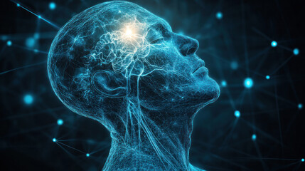 Poster - A man's head is shown in a blue and white color scheme. The head is surrounded by a network of lines and dots, giving the impression of a brain. Concept of intelligence and complexity